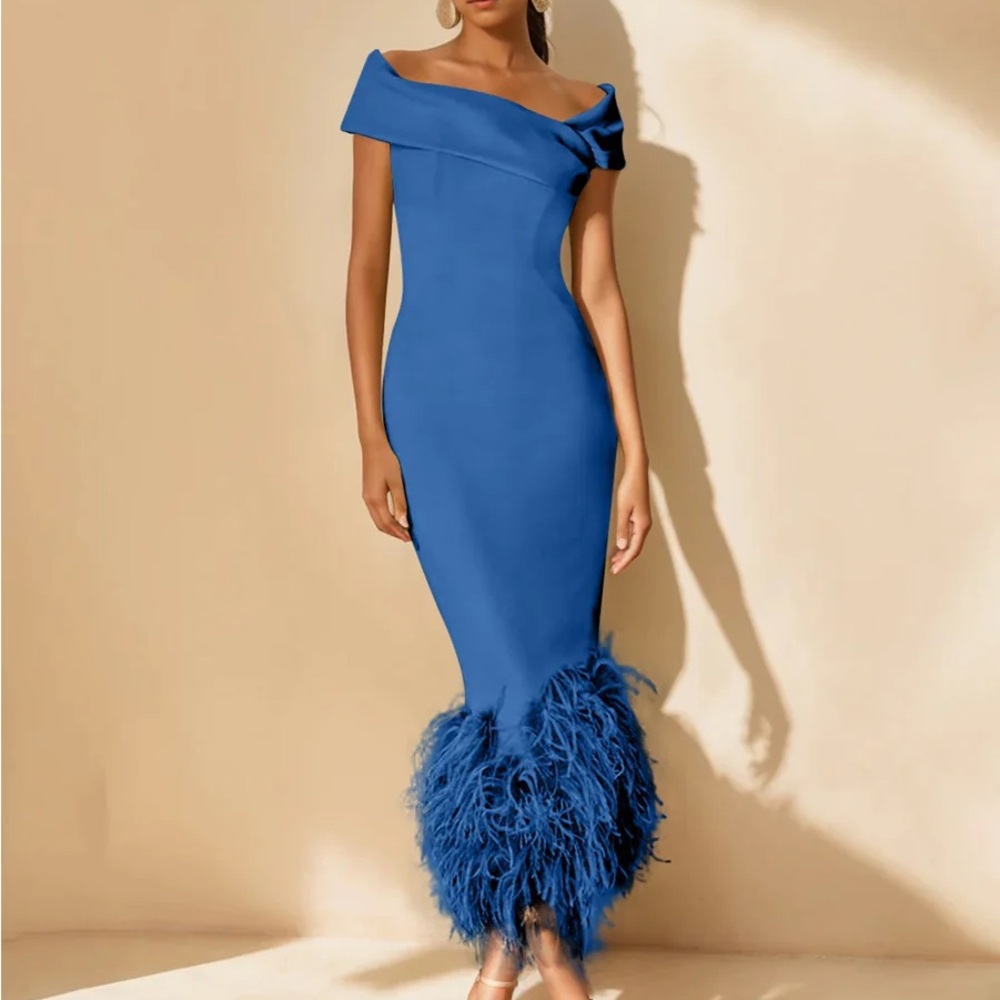 Off-Shoulder Royal Blue Sheath Dress with Feather Hem